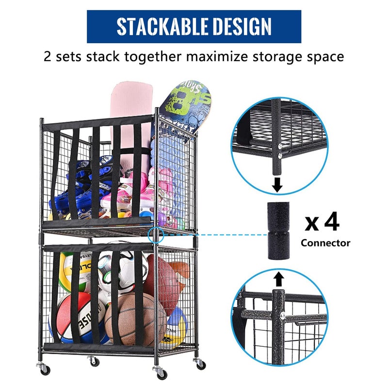 Mythinglogic Rolling Ball Storage Cart, Sports Equipment Storage Organizer for Garage/Basement/Entryway, Ball Storage Bin with Casters (Compact) - Image 3